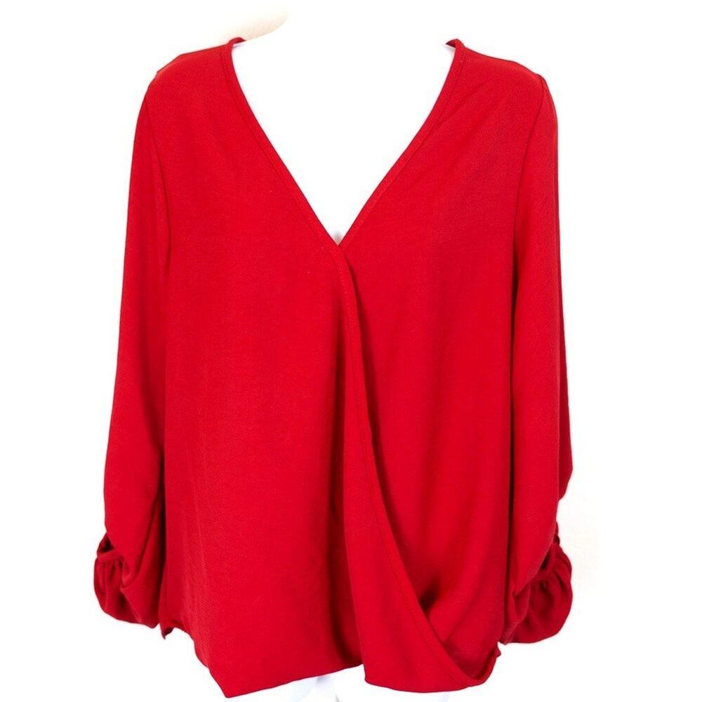 Entro Red Faux Wrap Blouse With Bishop Sleeves, Small.